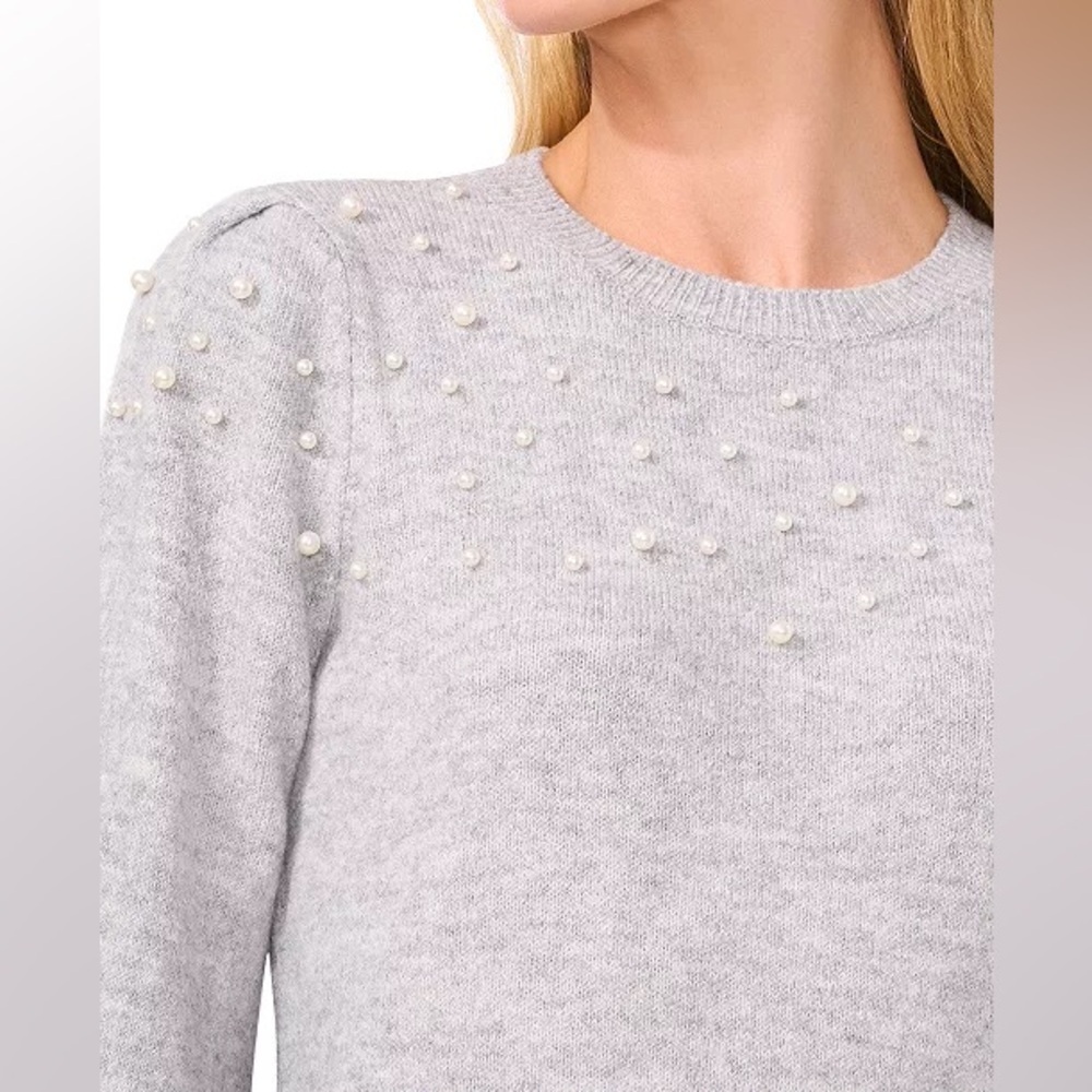 CECE MACY'S Scattered Faux Pearl Heathered Gray Sweater Size XL NWT - Picture 3 of 7